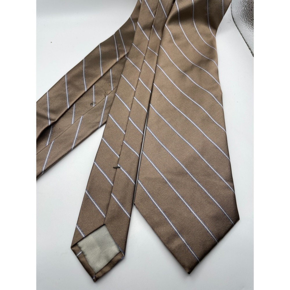 Lanvin Paris Mens Silk Tie Taupe Brown Blue White Diagonal Stripe Made in Italy